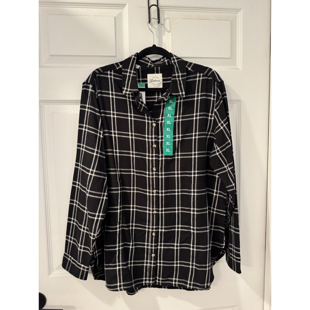 NEW Jachs Women's Button Up Flannel Black Plaid Casual Girlfriend Shirt Size XL‎
